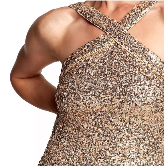 Tadashi Shoji's Gold Sequined Sleeveless Gown NWT Large - Picture 6 of 8